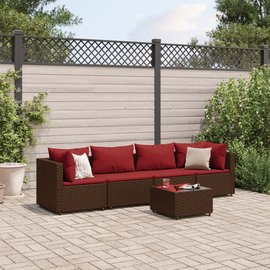 5-delige Loungeset met kussens poly rattan bruin