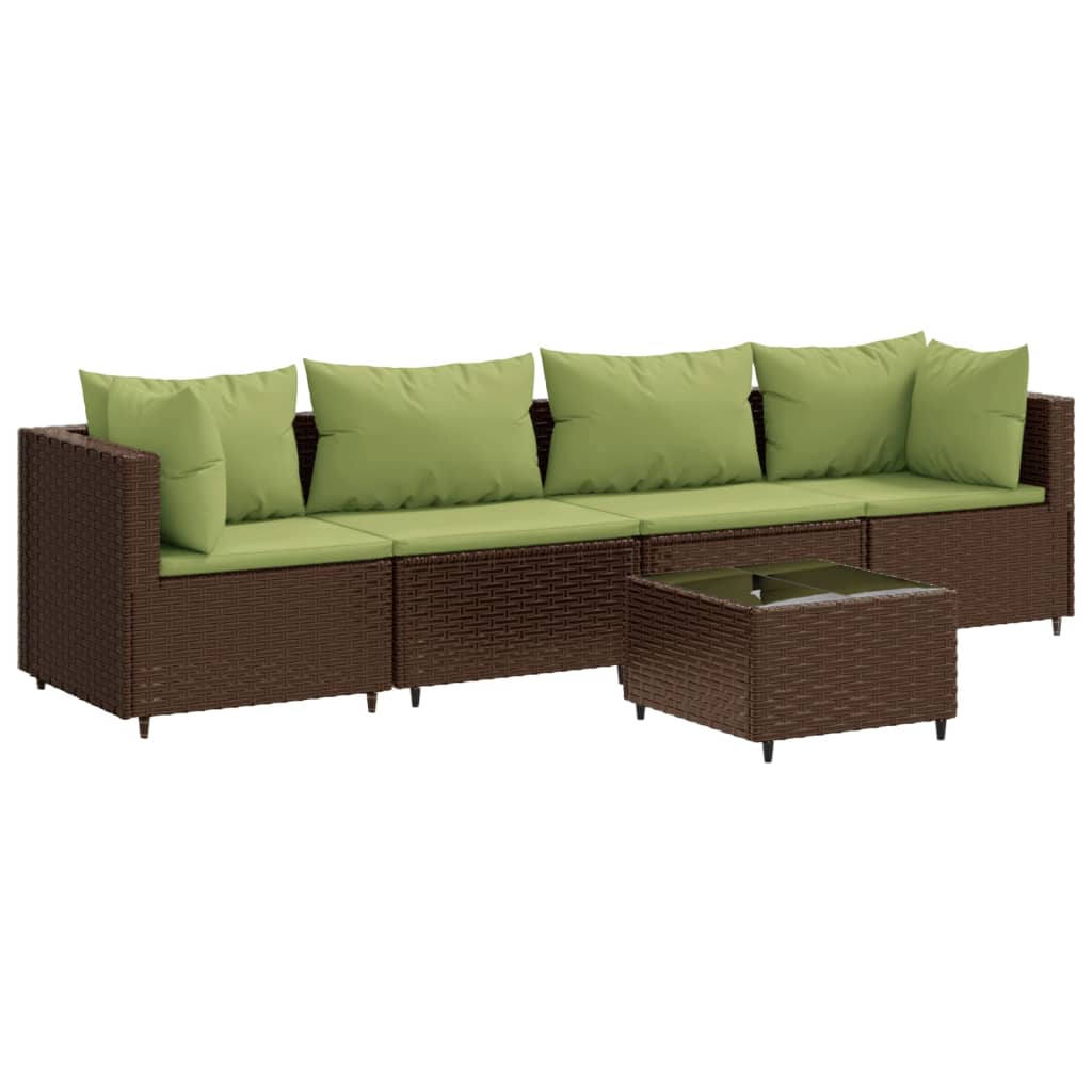 5-delige Loungeset met kussens poly rattan bruin