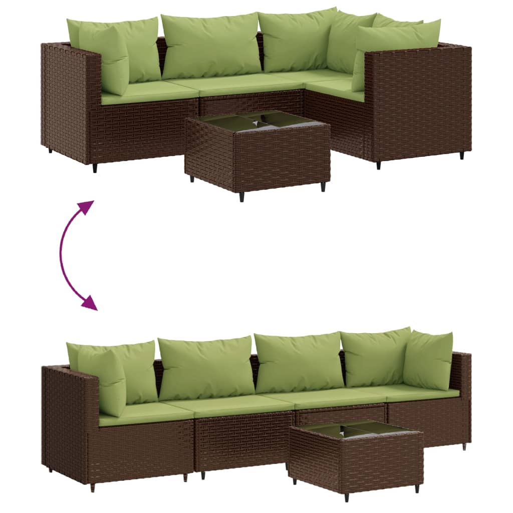 5-delige Loungeset met kussens poly rattan bruin