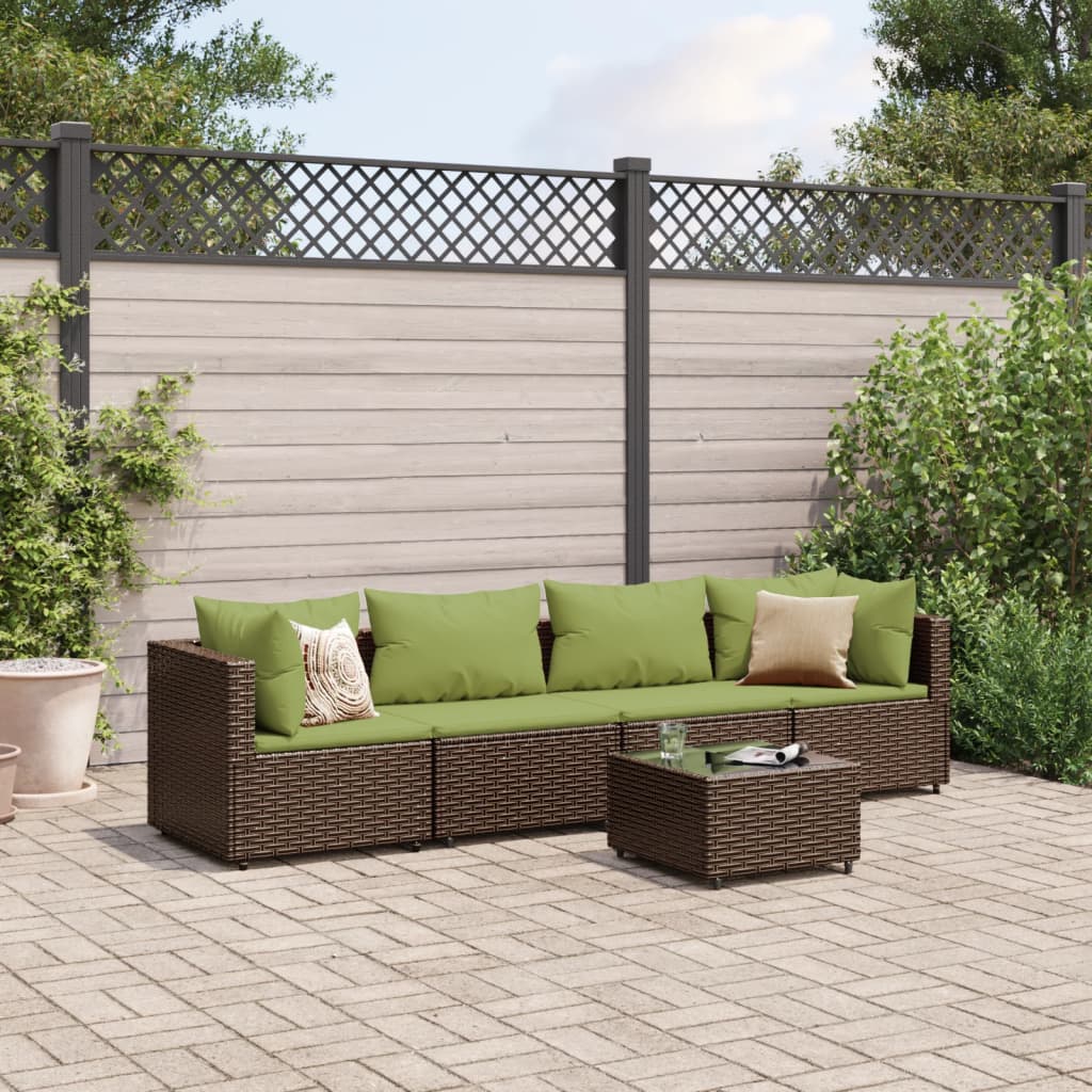 5-delige Loungeset met kussens poly rattan bruin