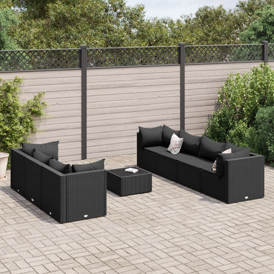 8-delige Loungeset met kussens poly rattan zwart