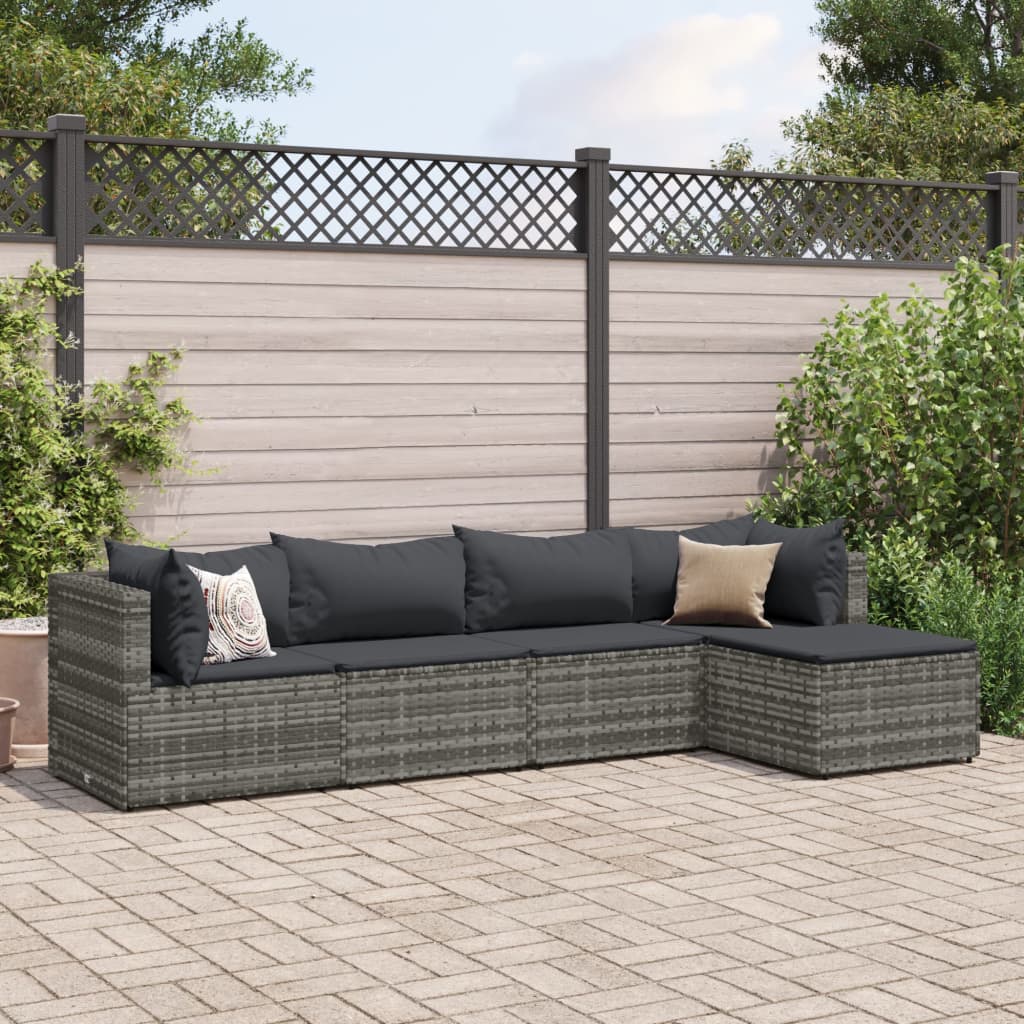 5-delige Loungeset met kussens poly rattan grijs Tuinsets | Creëer jouw Trendy Thuis | Gratis bezorgd & Retour | Trendy.nl