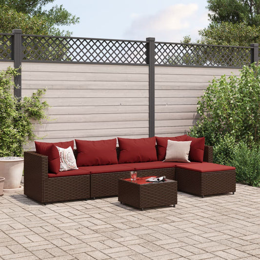 6-delige Loungeset met kussens poly rattan bruin