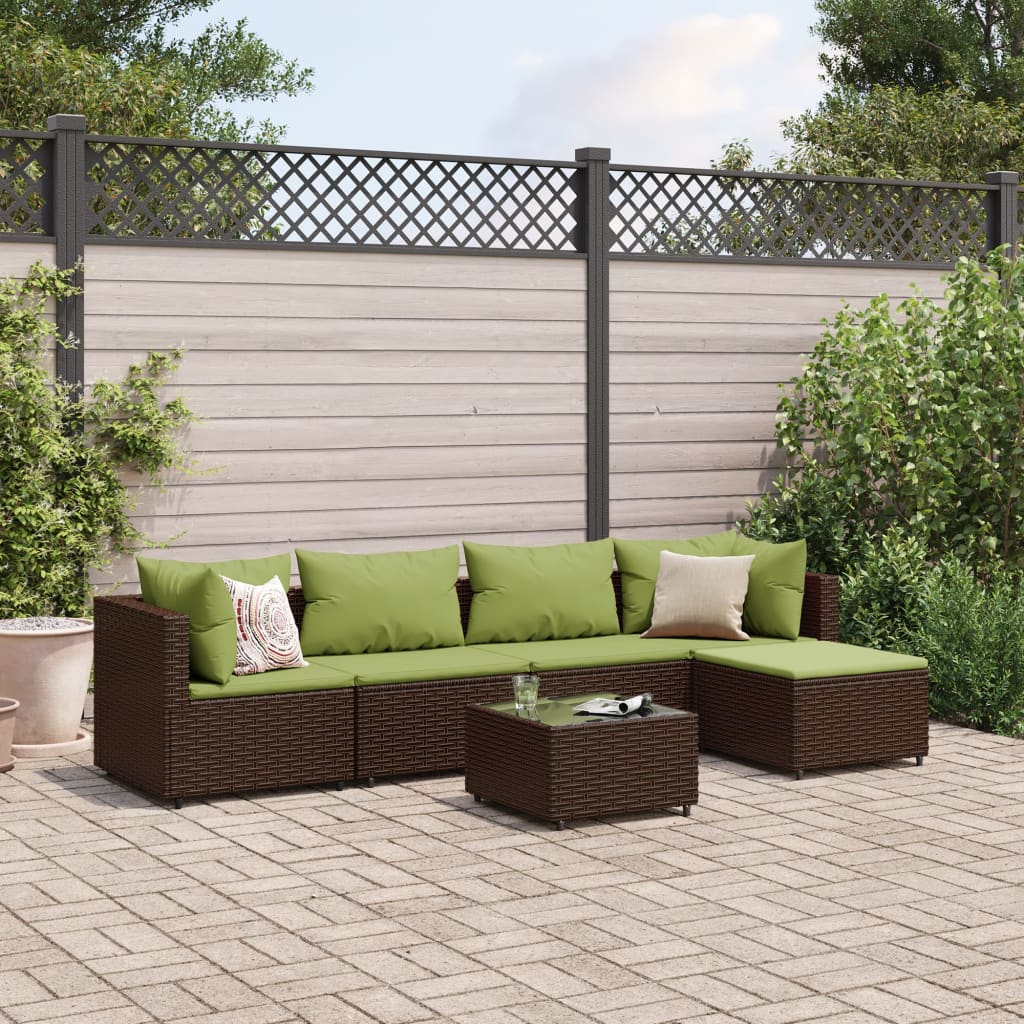 6-delige Loungeset met kussens poly rattan bruin