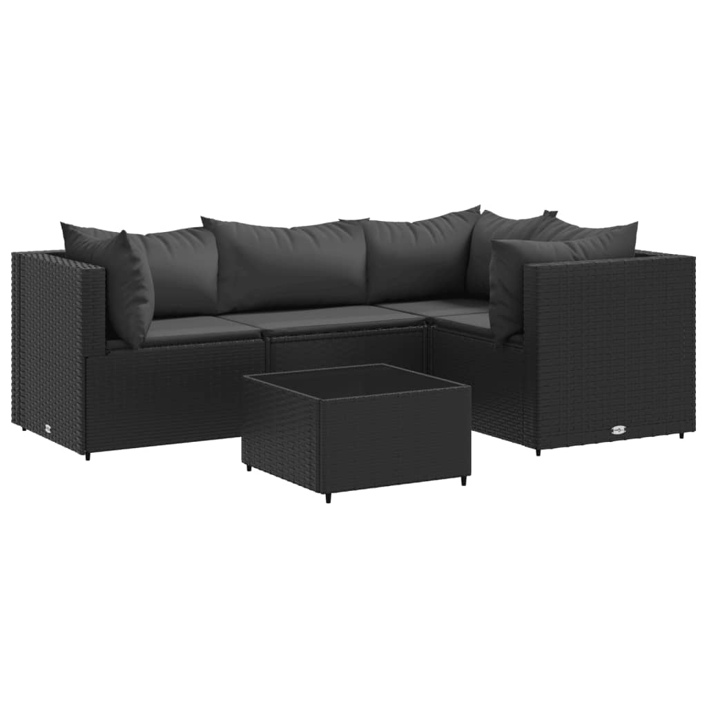 5-delige Loungeset met kussens poly rattan zwart