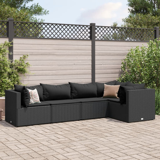 5-delige Loungeset met kussens poly rattan zwart