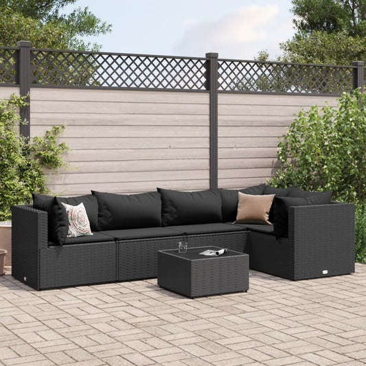 6-delige Loungeset met kussens poly rattan zwart