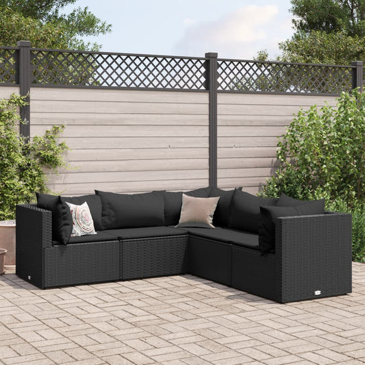 5-delige Loungeset met kussens poly rattan zwart