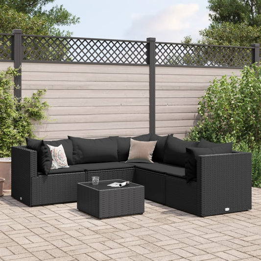 6-delige Loungeset met kussens poly rattan zwart