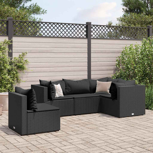 5-delige Loungeset met kussens poly rattan zwart