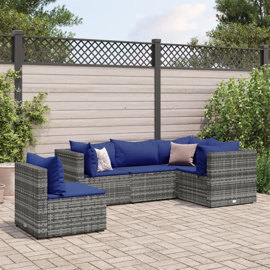 5-delige Loungeset met kussens poly rattan grijs Tuinsets | Creëer jouw Trendy Thuis | Gratis bezorgd & Retour | Trendy.nl