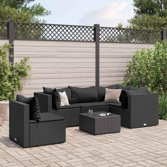 6-delige Loungeset met kussens poly rattan zwart