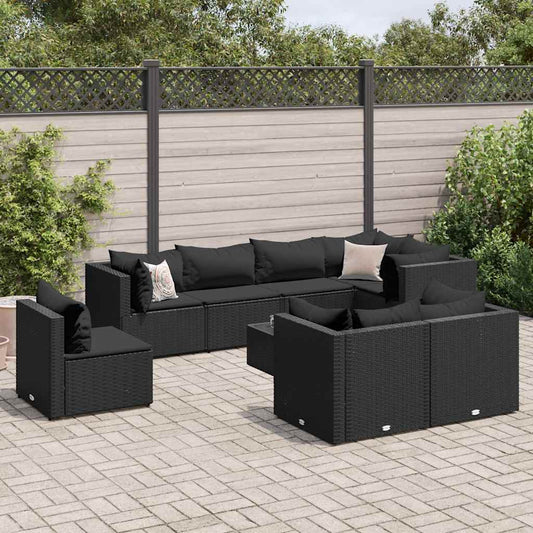 9-delige Loungeset met kussens poly rattan zwart