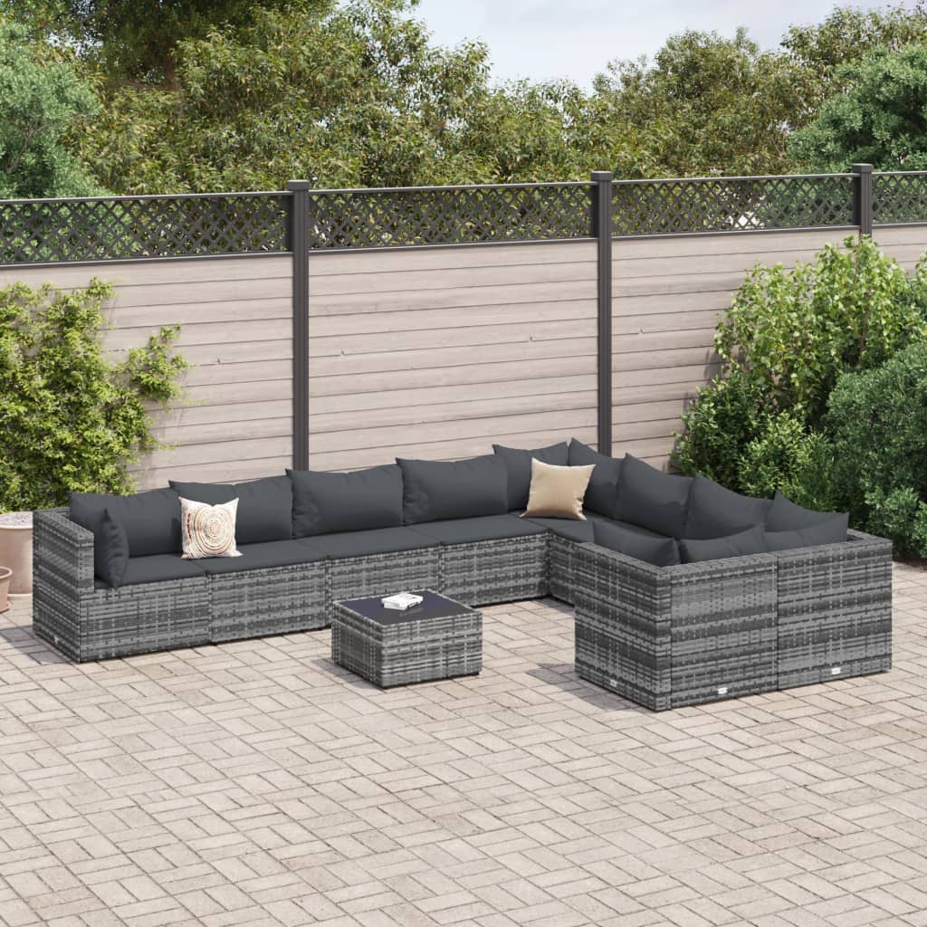 10-delige Loungeset met kussens poly rattan grijs Tuinsets | Creëer jouw Trendy Thuis | Gratis bezorgd & Retour | Trendy.nl