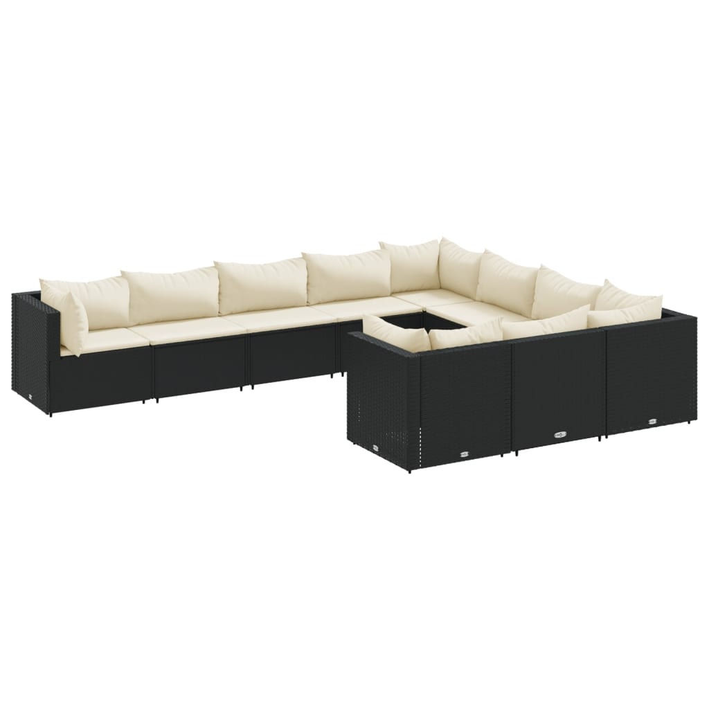 10-delige Loungeset met kussens poly rattan zwart