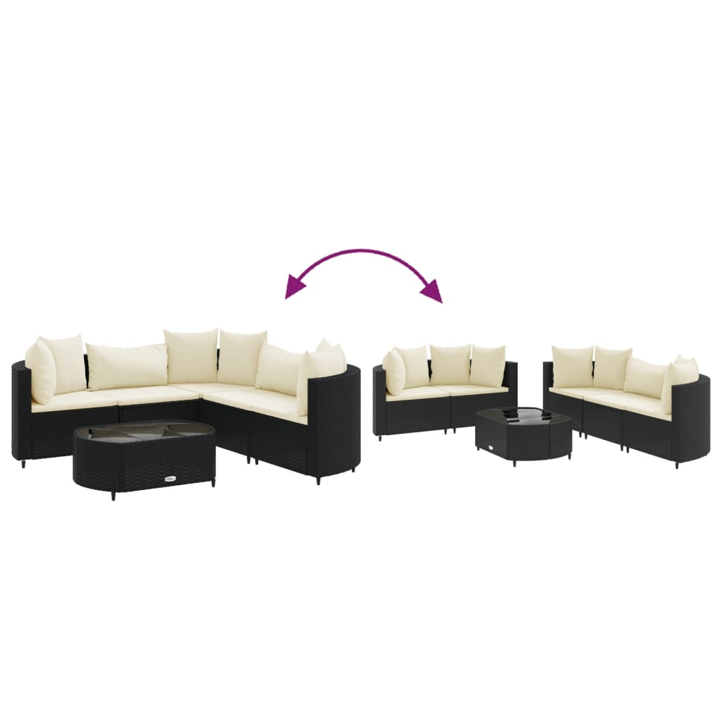 6-delige Loungeset met kussens poly rattan zwart