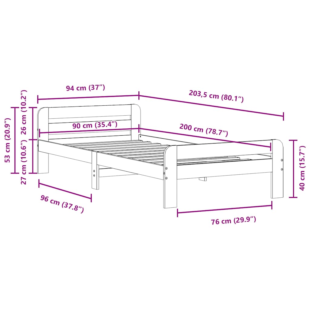 Bedframe zonder matras massief grenenhout wasbruin 90x200 cm