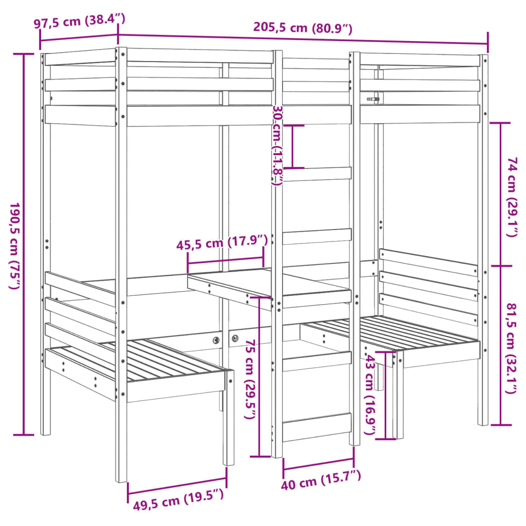 Hoogslaper met bureau en stoelen massief grenenhout 90x200cm Bedden & bedframes | Creëer jouw Trendy Thuis | Gratis bezorgd & Retour | Trendy.nl