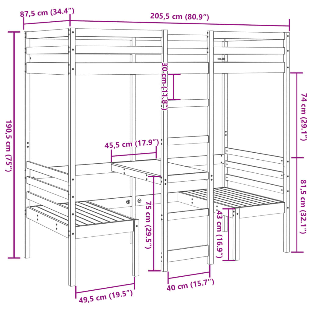 Hoogslaper met bureau en stoelen massief grenenhout 80x200cm Bedden & bedframes | Creëer jouw Trendy Thuis | Gratis bezorgd & Retour | Trendy.nl