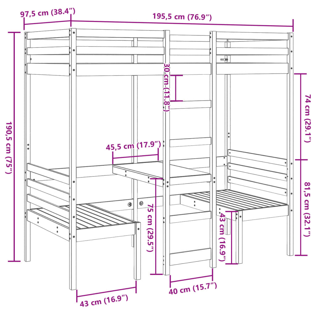 Hoogslaper met bureau en stoelen massief grenenhout 90x190cm Bedden & bedframes | Creëer jouw Trendy Thuis | Gratis bezorgd & Retour | Trendy.nl