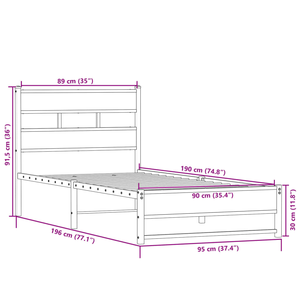 Bedframe zonder matras metaal sonoma eikenkleurig 90x190 cm