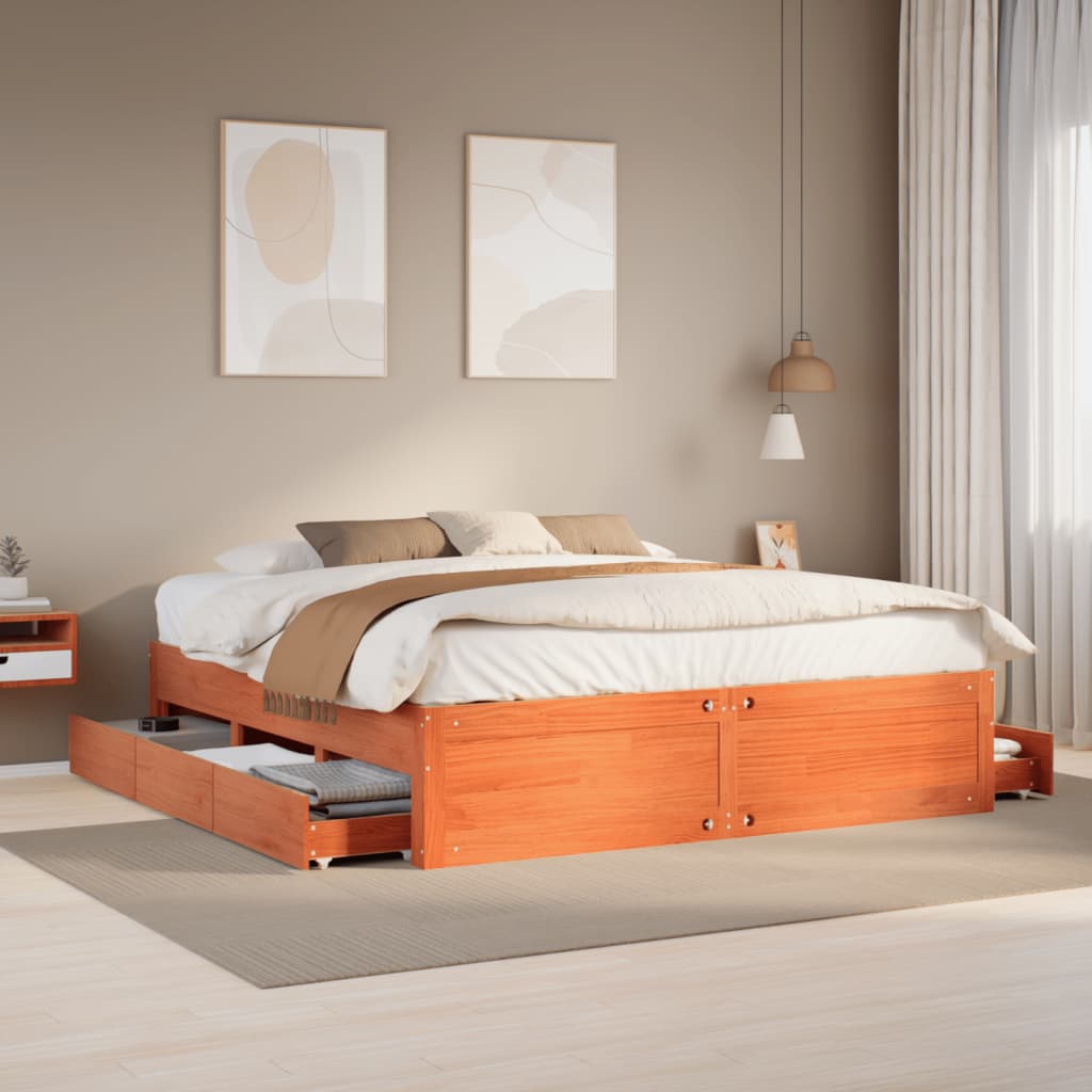 Bedframe zonder matras met lades grenenhout wasbruin 200x200 cm Bedden & bedframes | Creëer jouw Trendy Thuis | Gratis bezorgd & Retour | Trendy.nl