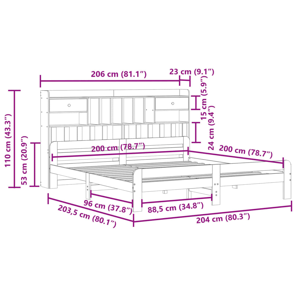 Bed met boekenkast zonder matras massief grenenhout 200x200 cm