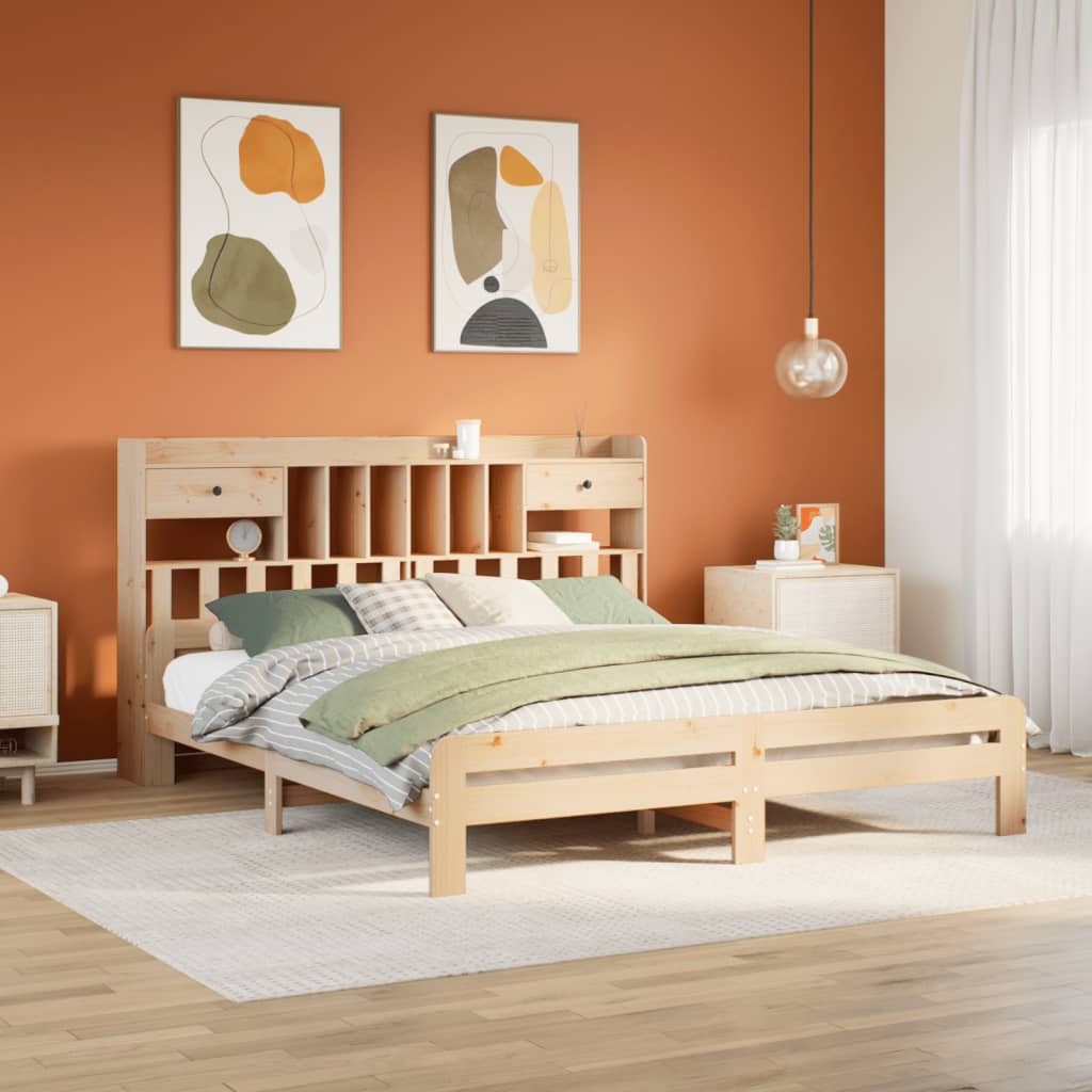 Bed met boekenkast zonder matras massief grenenhout 200x200 cm