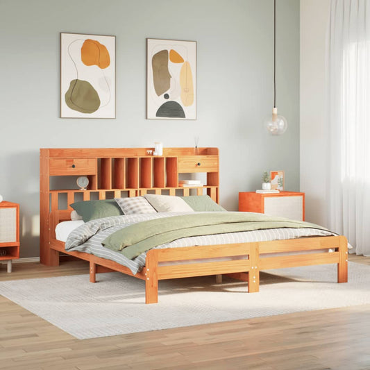 Bed met boekenkast zonder matras grenenhout wasbruin 200x200 cm