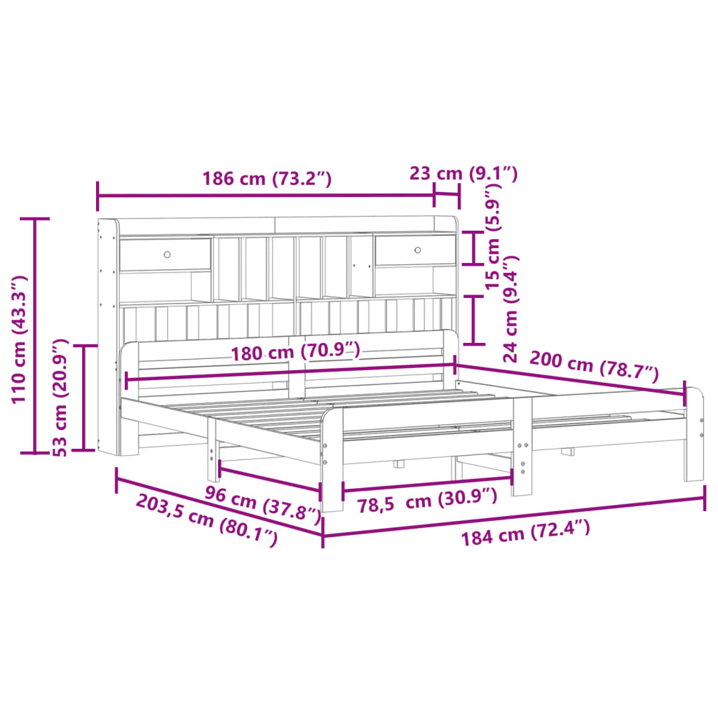 Bed met boekenkast zonder matras massief grenenhout 180x200 cm