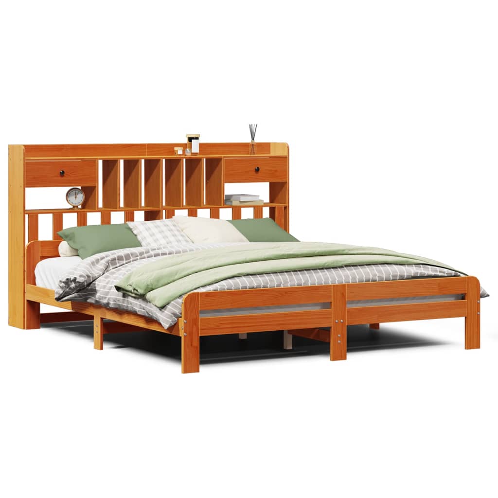 Bed met boekenkast zonder matras grenenhout wasbruin 180x200 cm