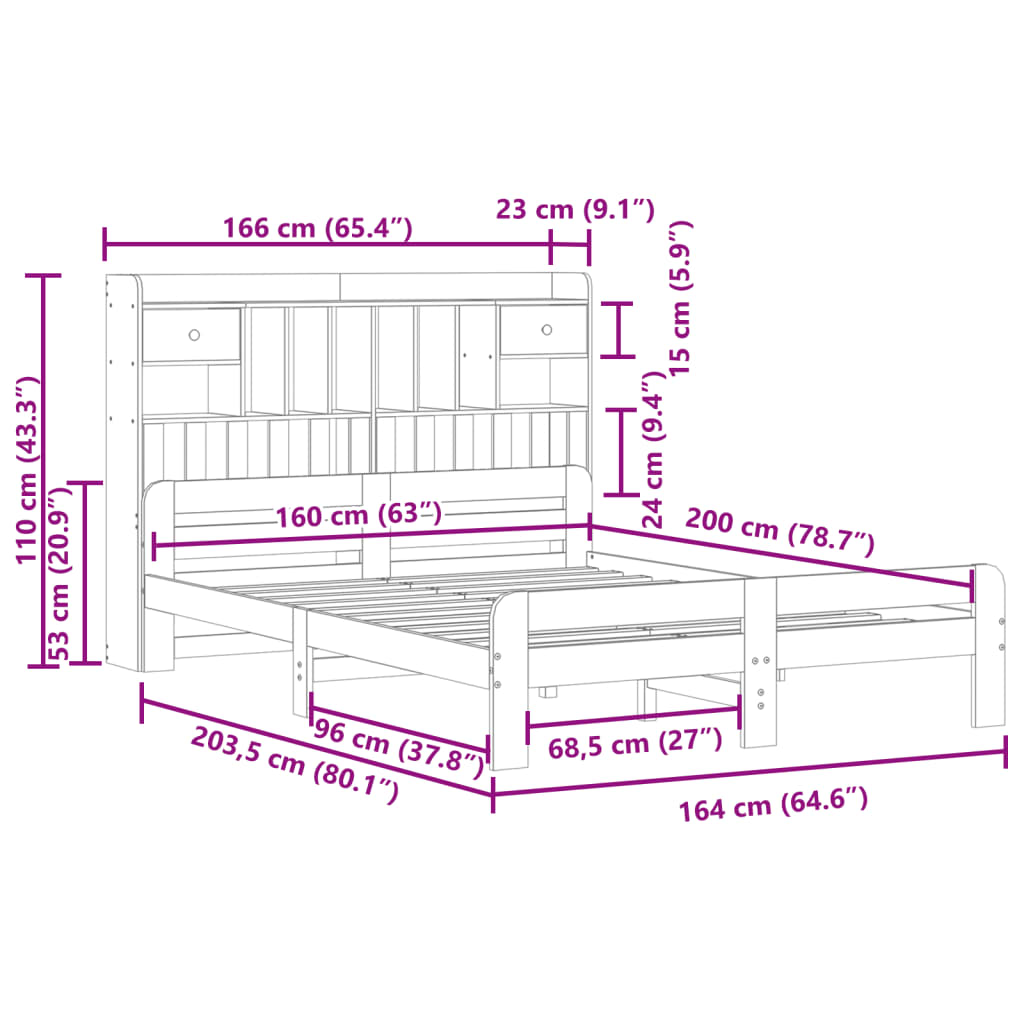 Bed met boekenkast zonder matras grenenhout wit 160x200 cm