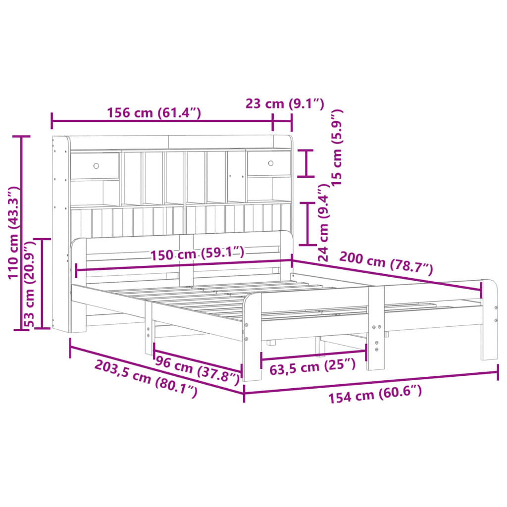 Bed met boekenkast zonder matras grenenhout wit 150x200 cm