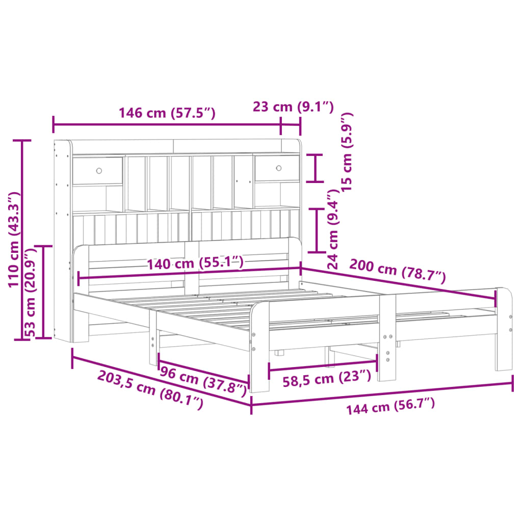 Bed met boekenkast zonder matras grenenhout wit 140x200 cm