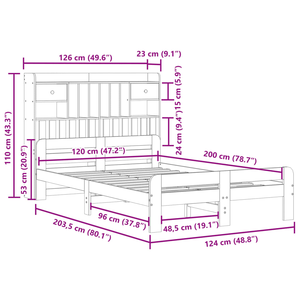 Bed met boekenkast zonder matras grenenhout wit 120x200 cm