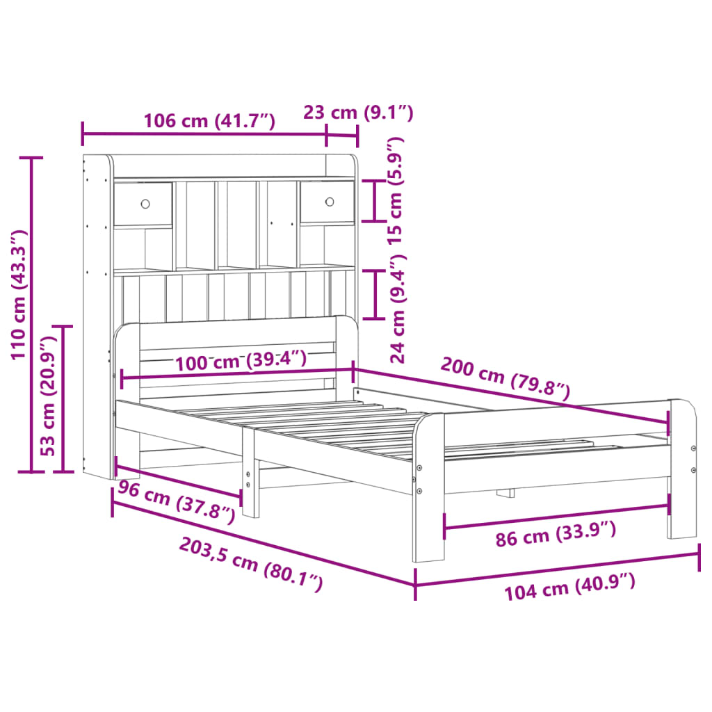 Bed met boekenkast zonder matras massief grenenhout 100x200 cm