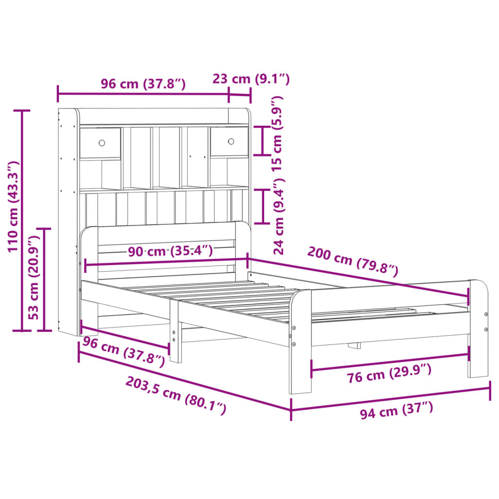 Bed met boekenkast zonder matras massief grenenhout 90x200 cm