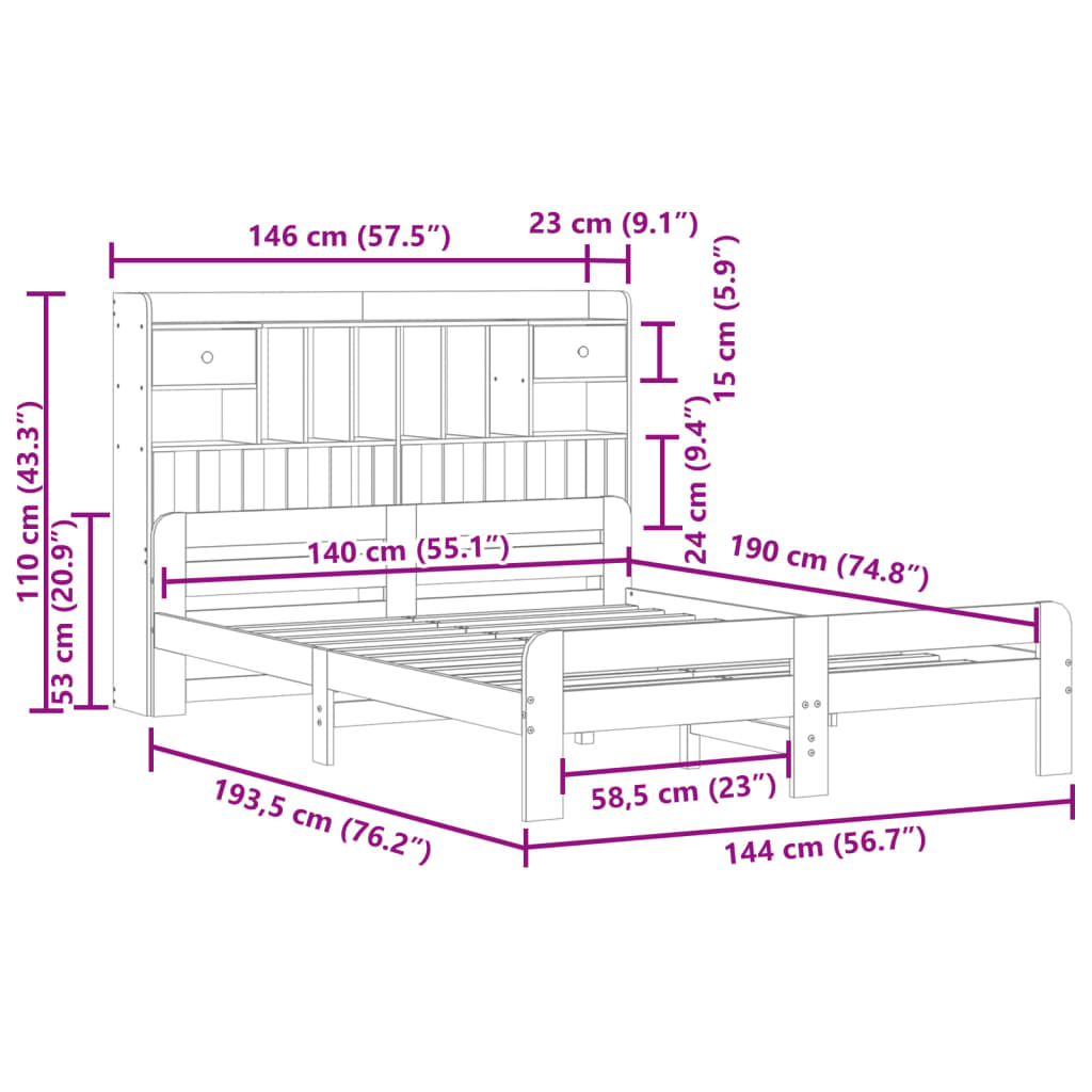 Bed met boekenkast zonder matras grenenhout wit 140x190 cm