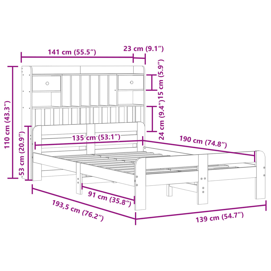 Bed met boekenkast zonder matras massief grenenhout 135x190 cm