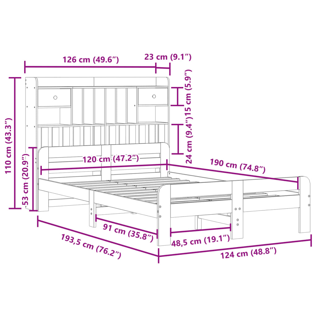 Bed met boekenkast zonder matras grenenhout wit 120x190 cm