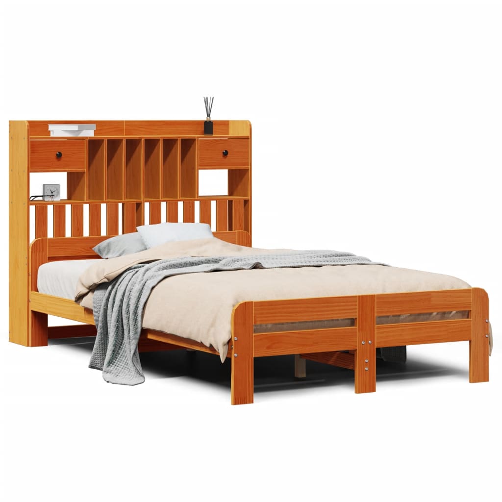 Bed met boekenkast zonder matras grenenhout wasbruin 120x190 cm