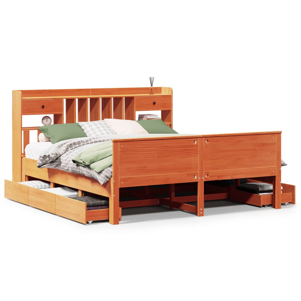 Bed met boekenkast zonder matras grenenhout wasbruin 200x200 cm