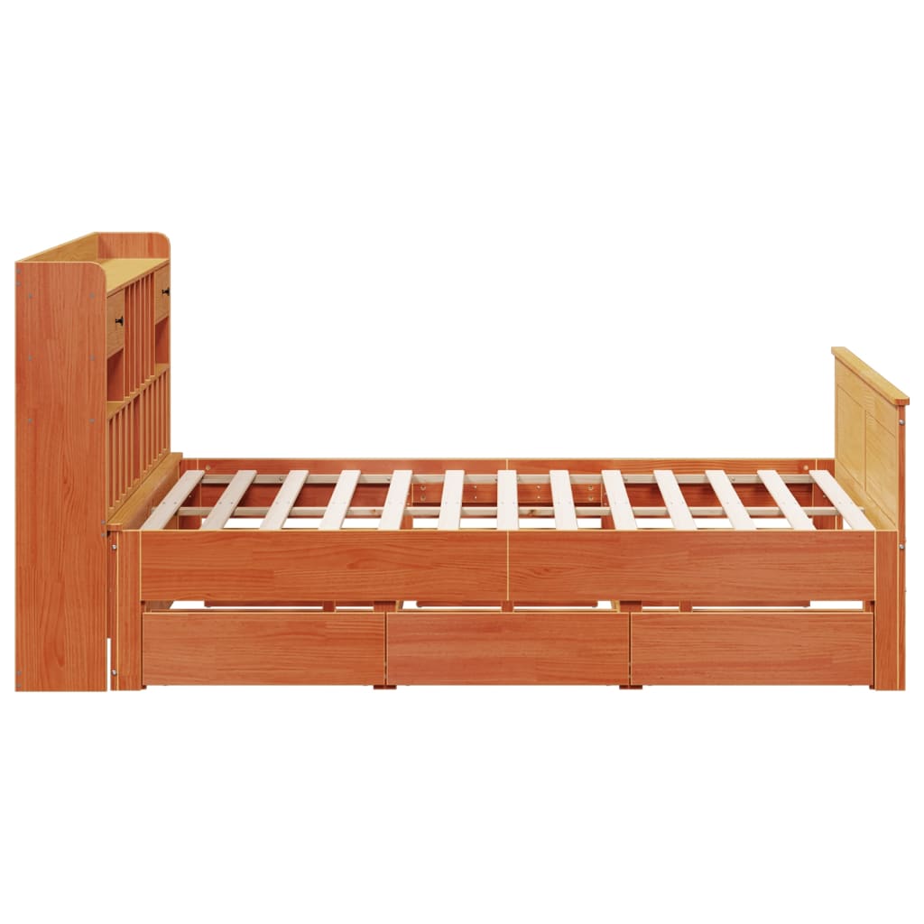 Bed met boekenkast zonder matras grenenhout wasbruin 200x200 cm