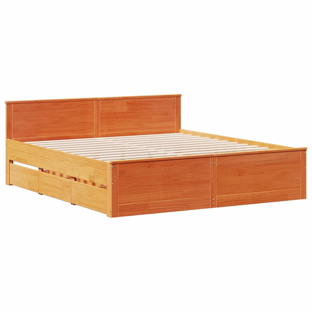 Bed met boekenkast zonder matras grenenhout wasbruin 200x200 cm