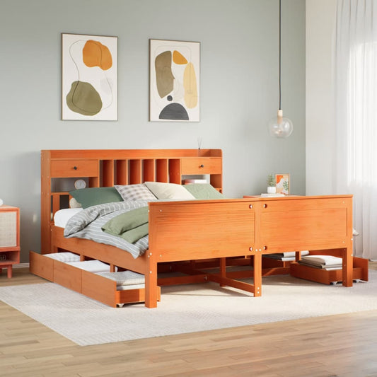 Bed met boekenkast zonder matras grenenhout wasbruin 200x200 cm