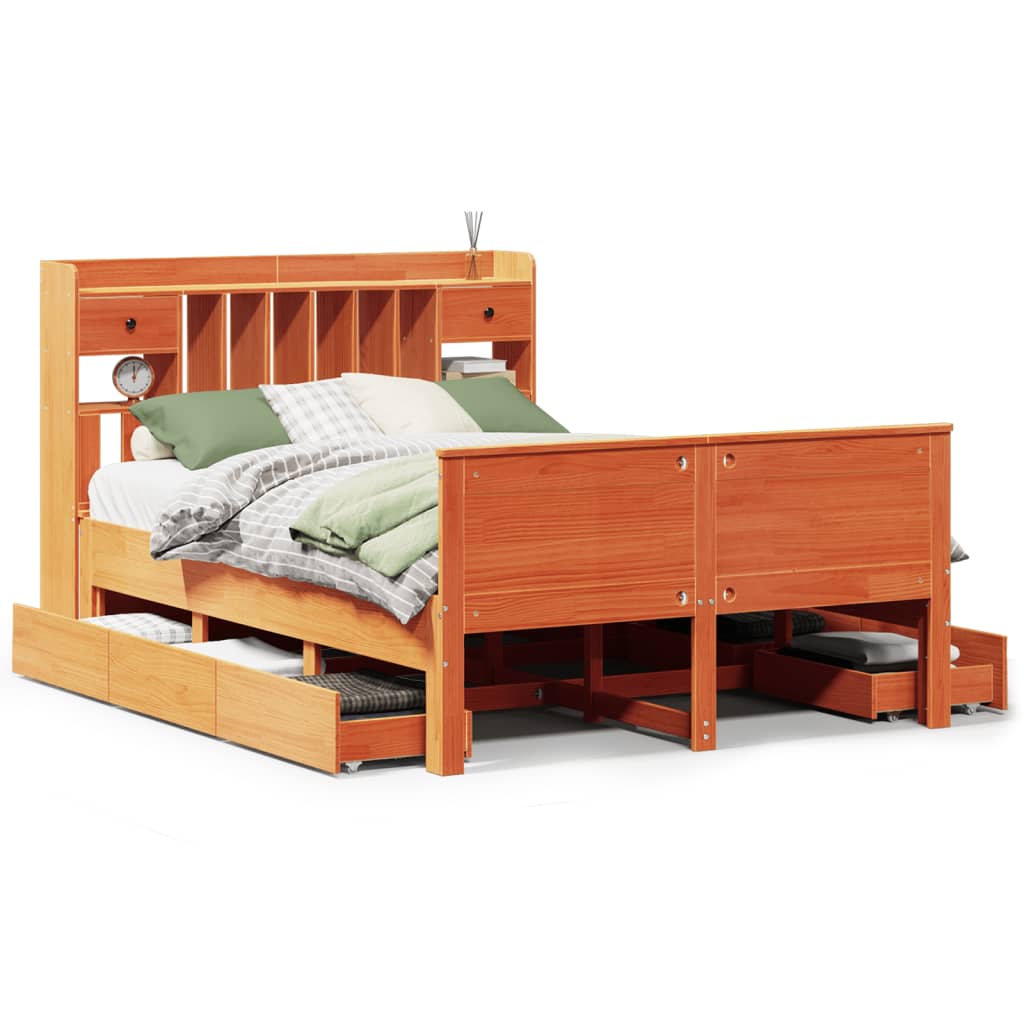 Bed met boekenkast zonder matras grenenhout wasbruin 160x200 cm