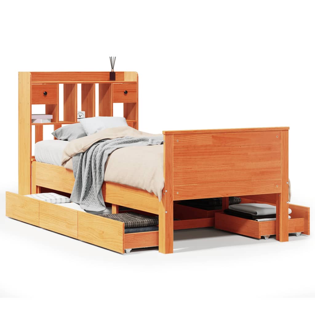 Bed met boekenkast zonder matras grenenhout wasbruin 75x190 cm