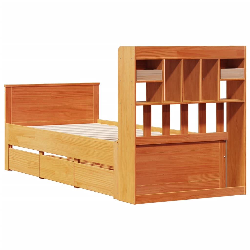 Bed met boekenkast zonder matras grenenhout wasbruin 75x190 cm