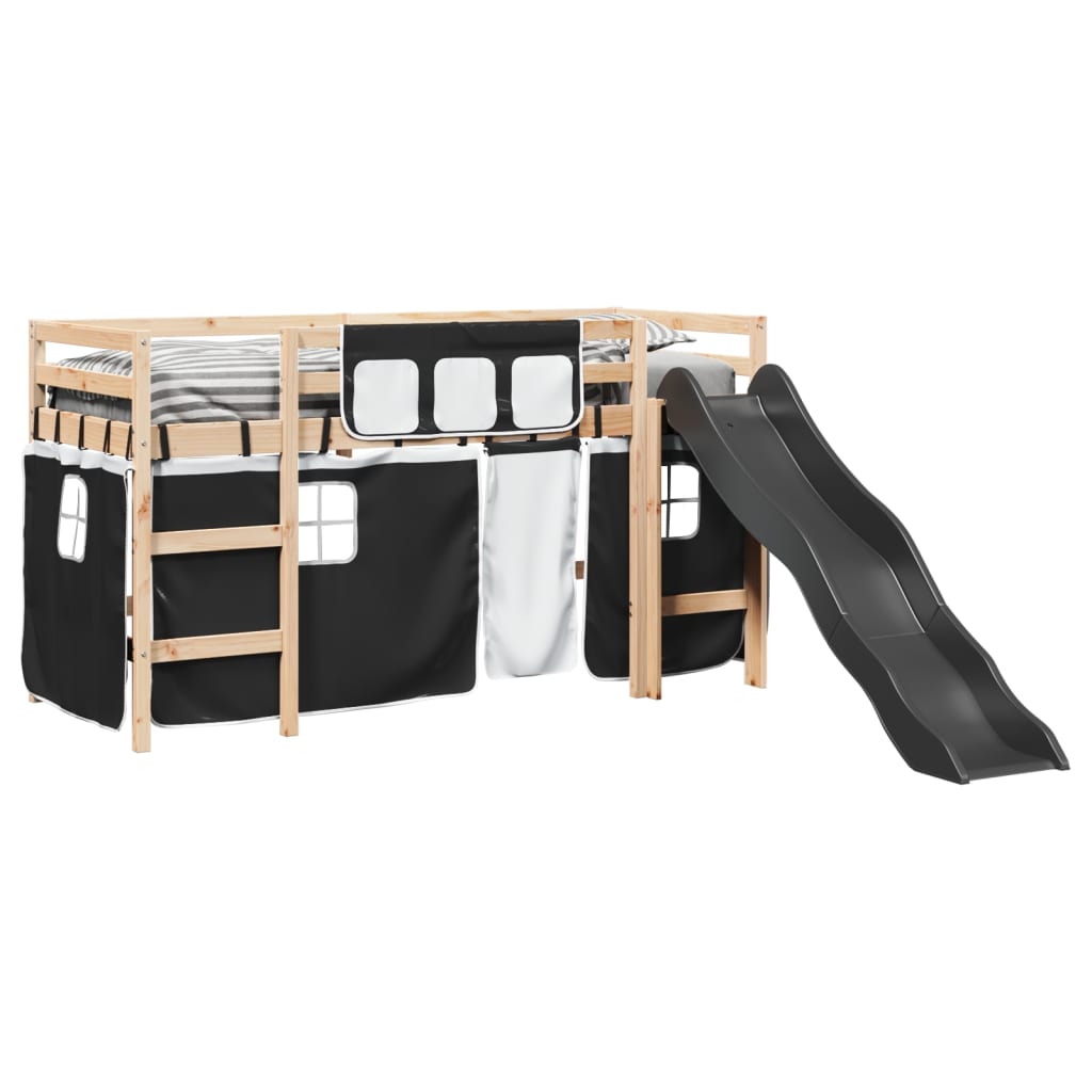 Kinderhoogslaper met gordijnen 90x190 cm grenenhout wit zwart Bedden & bedframes | Creëer jouw Trendy Thuis | Gratis bezorgd & Retour | Trendy.nl