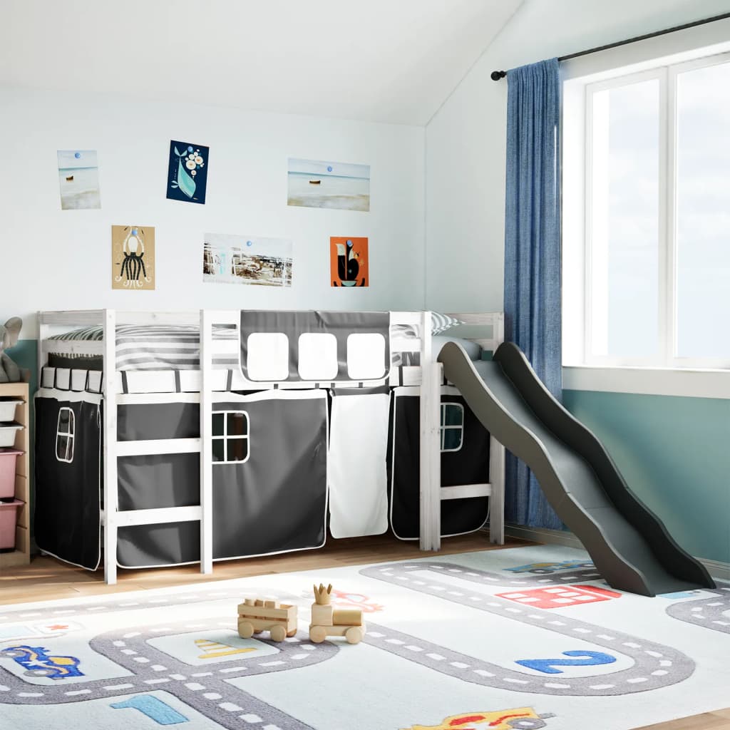 Kinderhoogslaper met gordijnen 90x190 cm grenenhout wit zwart Bedden & bedframes | Creëer jouw Trendy Thuis | Gratis bezorgd & Retour | Trendy.nl